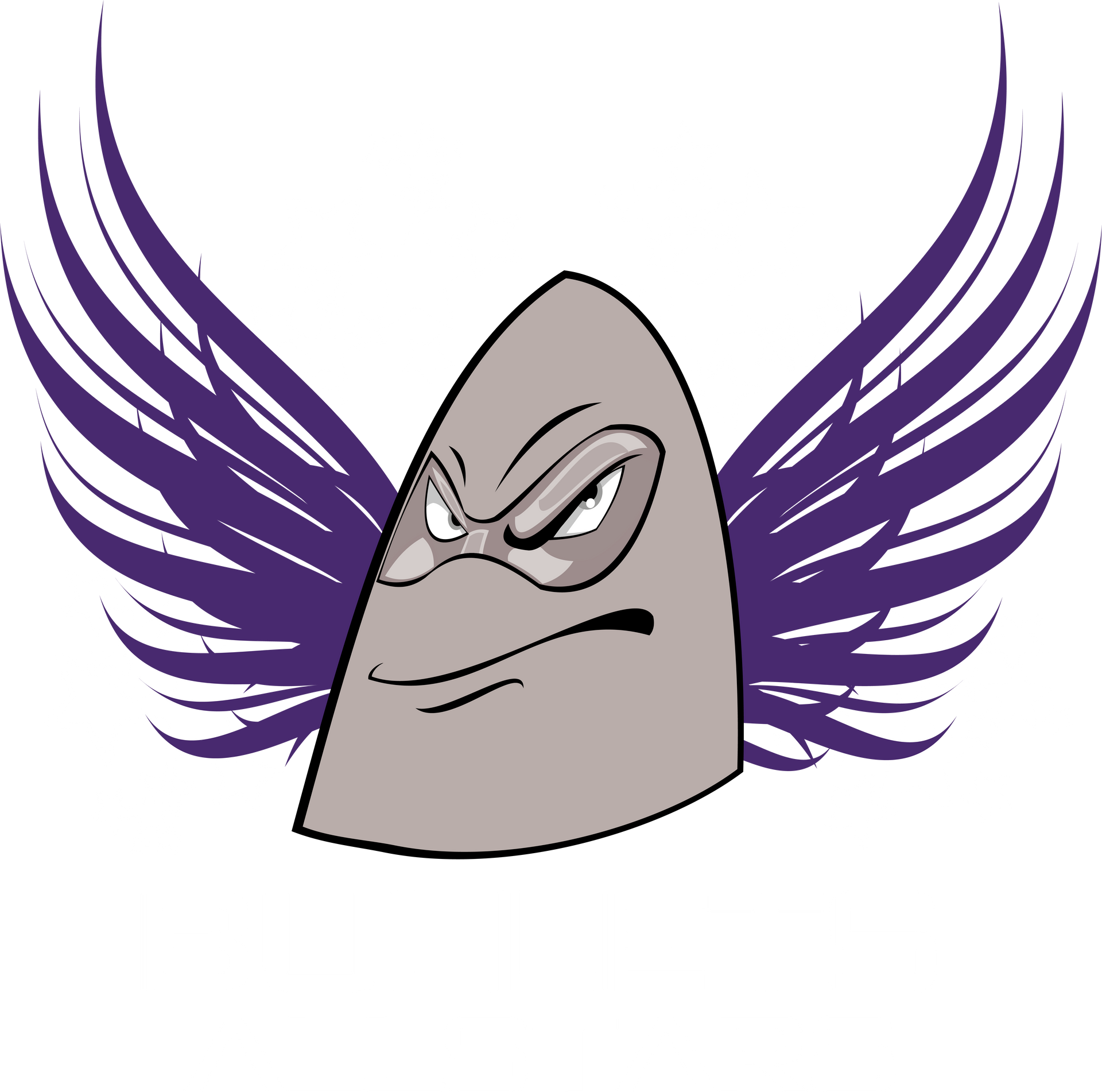 Gray bullet with angry face, purple wings.