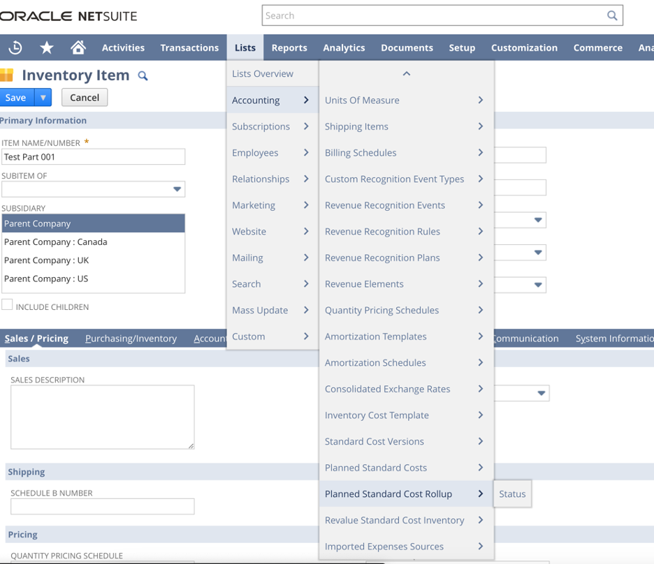 A screenshot showing the first step for performing a standard cost rollup in NetSuite.