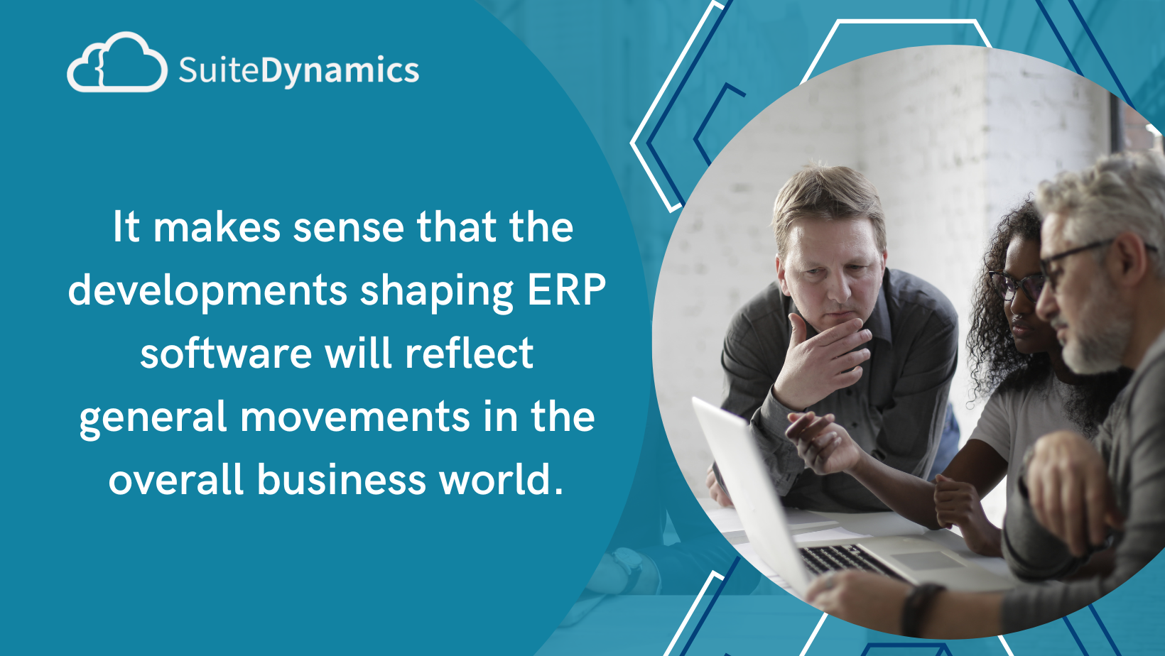 This photo illustrates the concept of an ERP trend. It features coworkers collaborating on a laptop.