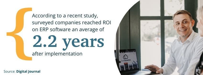 Image showing statistic related to the NetSuite vs. Microsoft Dynamics 365 debate: Surveyed companies reached ROI on ERP software an average of 2.2 years after implementation.