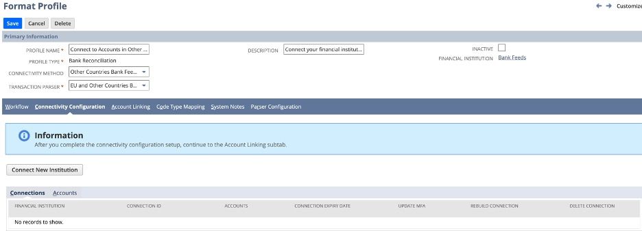 A screenshot of another step in setting up a financial institution in NetSuite.