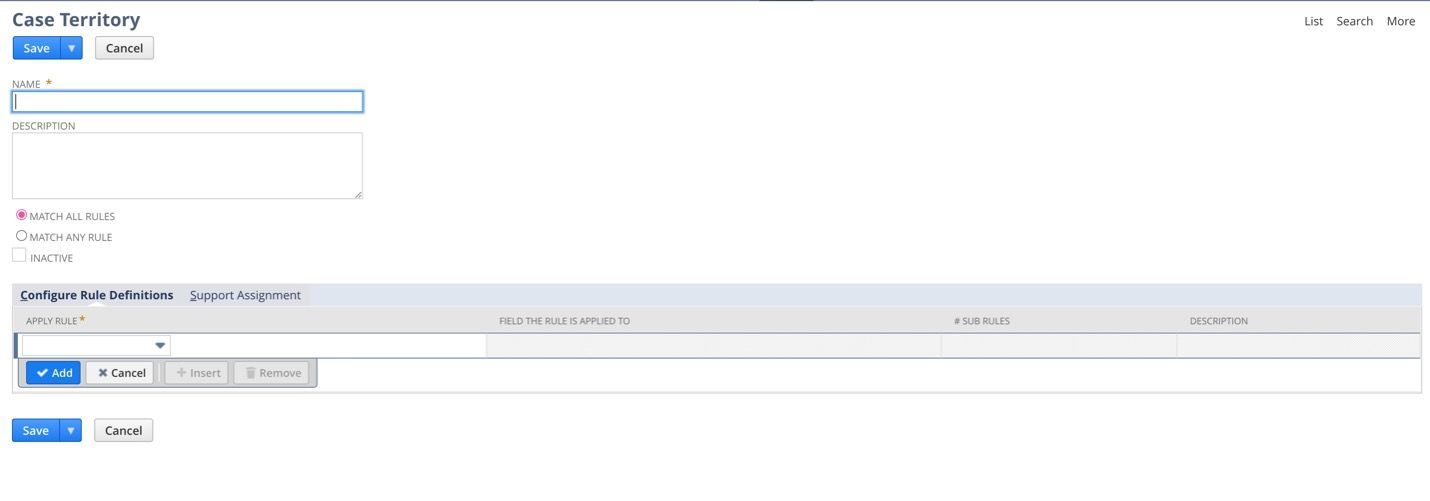 This screenshot shows how to create new case territories in NetSuite.