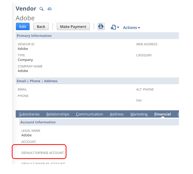 A screenshot of a NetSuite page with the default expense account button highlighted.