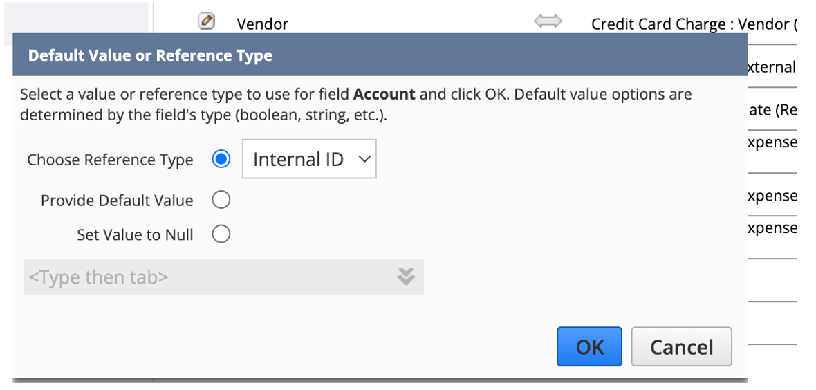 Screenshot of a Default Value or Reference Type window.