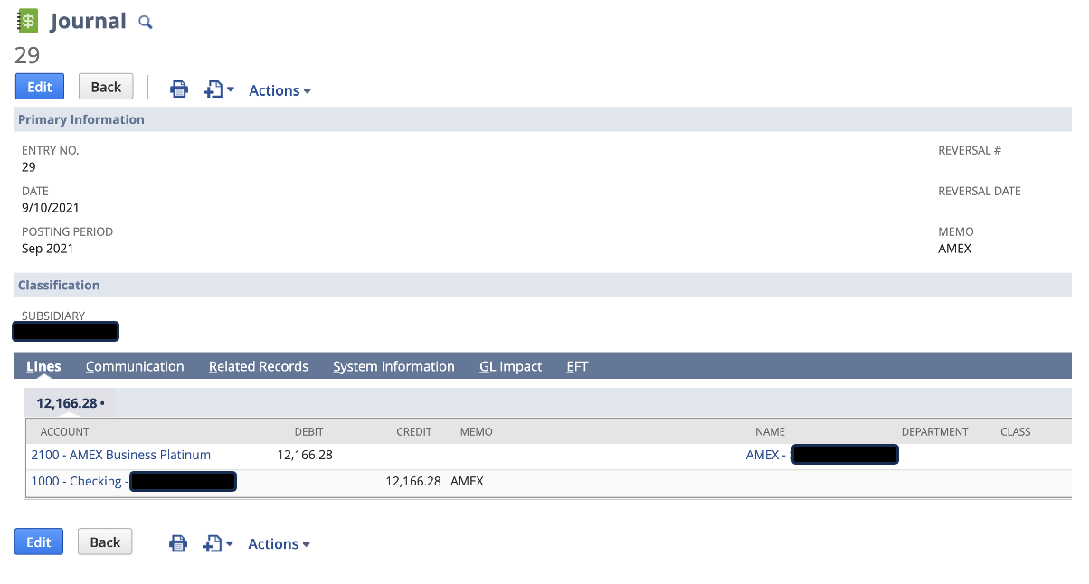 A screenshot of a NetSuite journal entry.