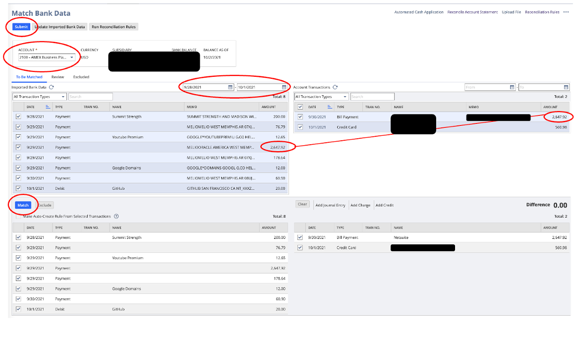 A screenshot of NetSuite's Match Bank Data page.
