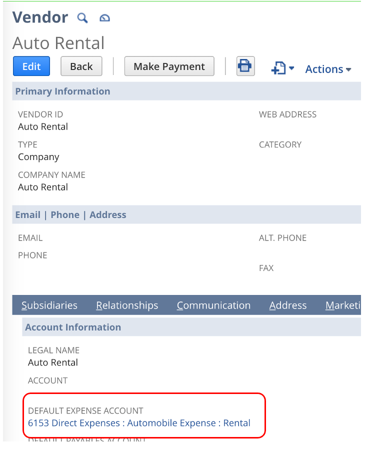 A screen shot of a vendor auto rental page in NetSuite.