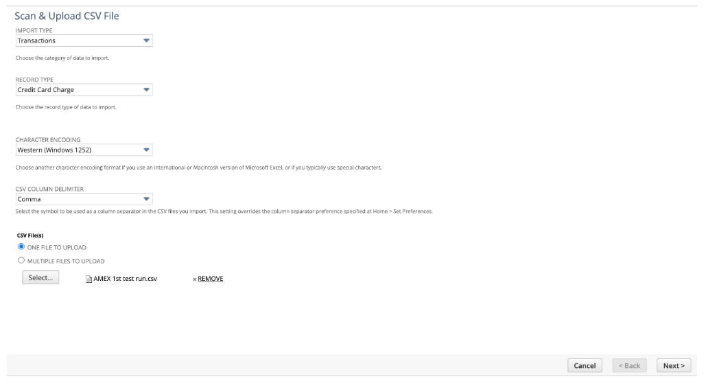 A screenshot of the Scan & Upload CSV File step in NetSuite credit card processing.
