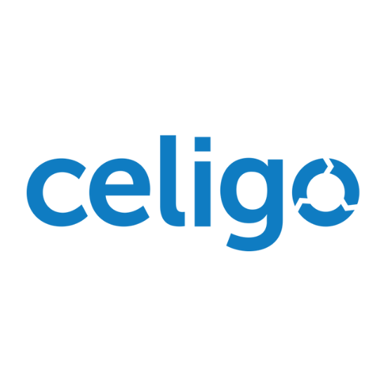 A blue celigo logo on a white background