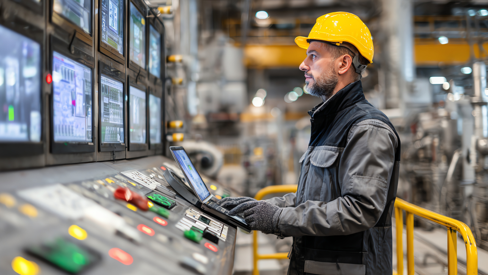 Factory worker in hard hat using laptop, monitoring control panel with screens.