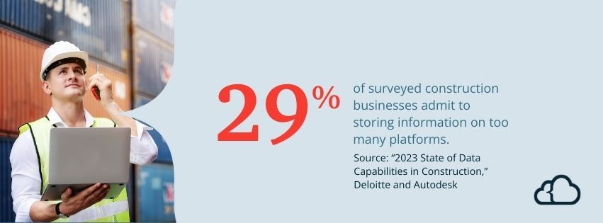 Graphic stating that 29% of surveyed construction businesses admit to storing information on too many platforms.