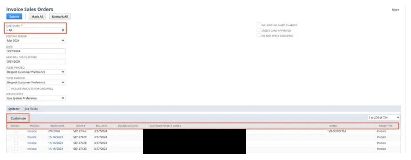 The second screenshot showing how to perform mass invoicing in NetSuite.