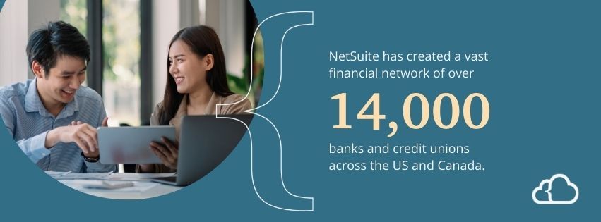 Graphic stating that NetSuite has created a vast financial network of over 14,000 banks and credit unions across the US and Canada.