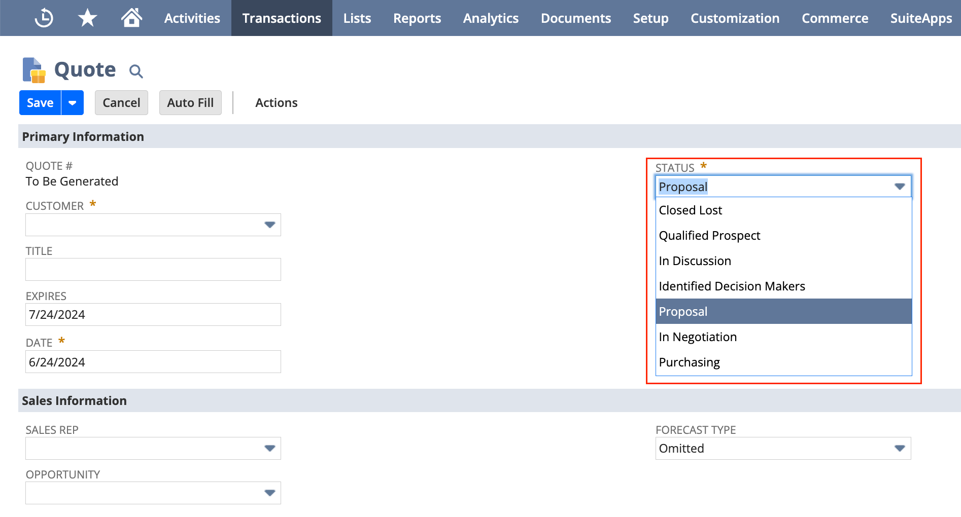 Screenshot showing how to update the status of quotes in NetSuite.