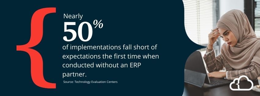 Graphic stating that nearly 50% of implementations fall short of expectations the first time when conducted without an ERP partner.