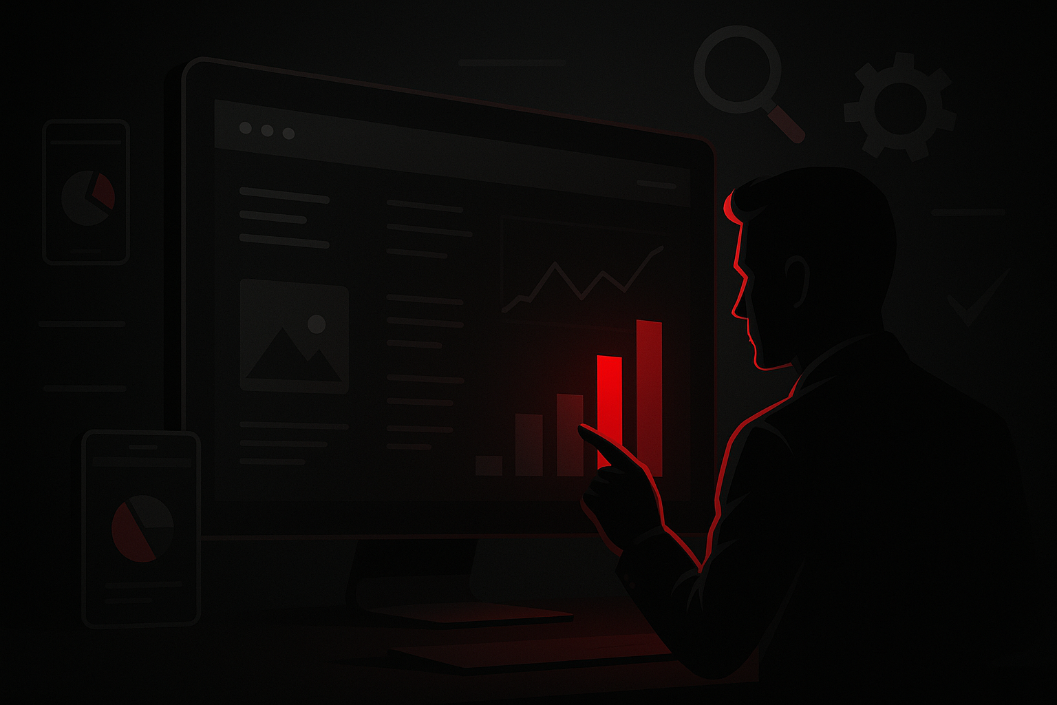 Silhouette of a person interacting with a website interface, highlighted in red. Includes wrenches and code symbols.