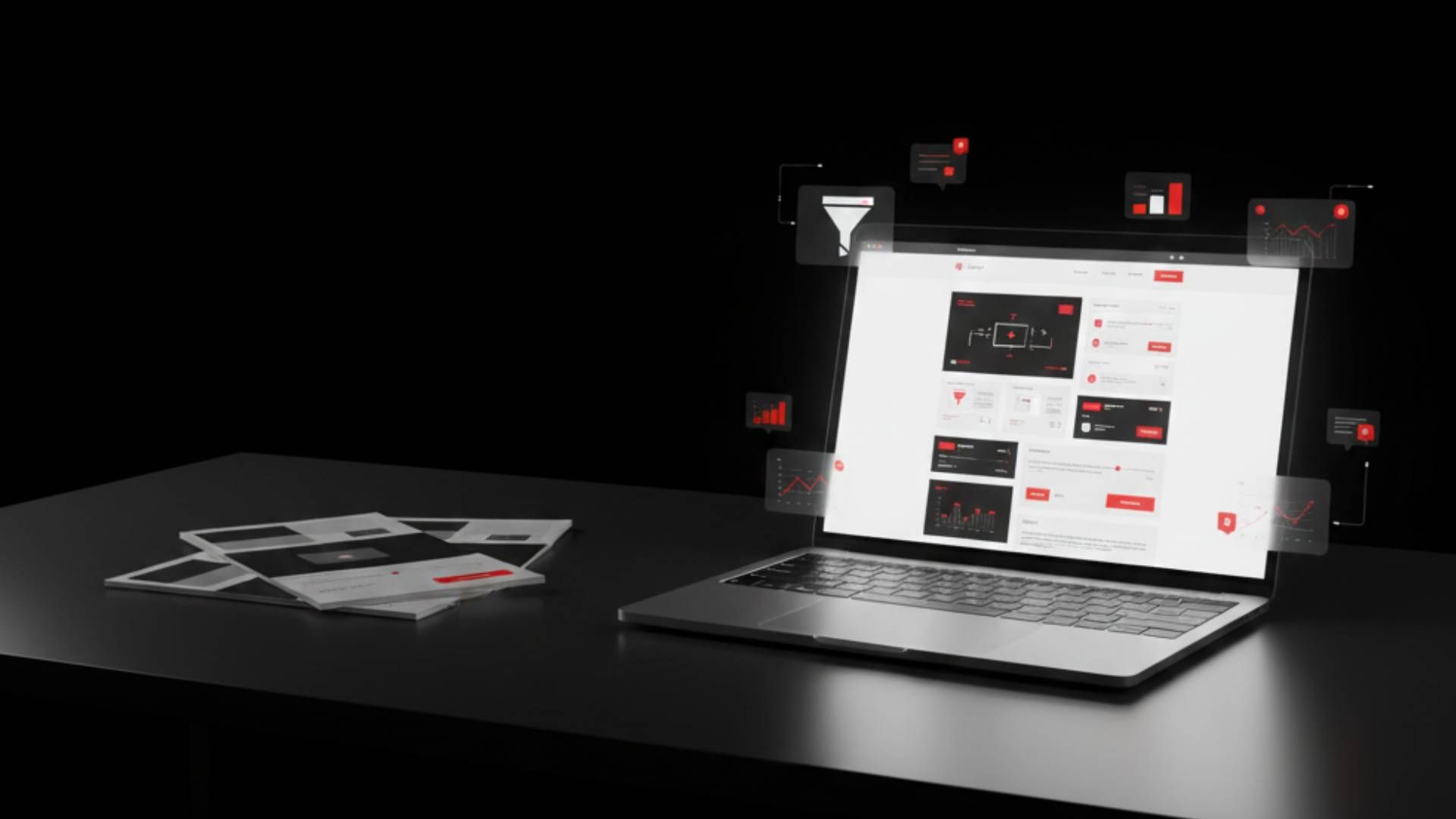 Laptop on a desk with papers, glowing screen displaying a website and floating red squares in a dark room.
