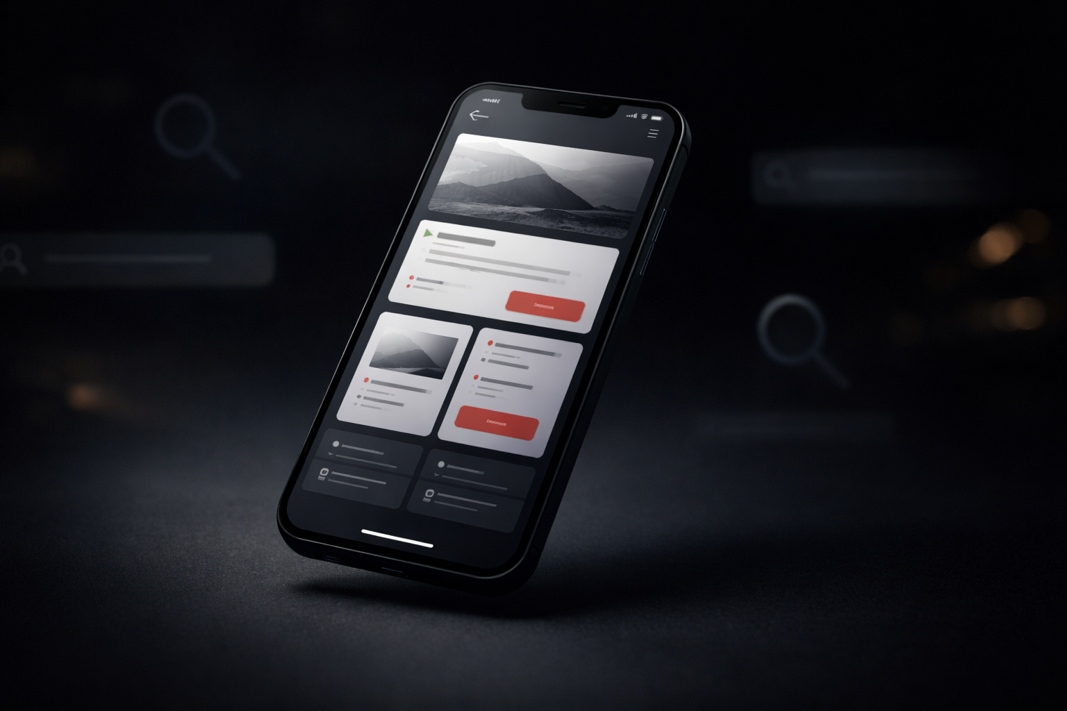 Smartphone displaying app interface with search icons, dark setting.