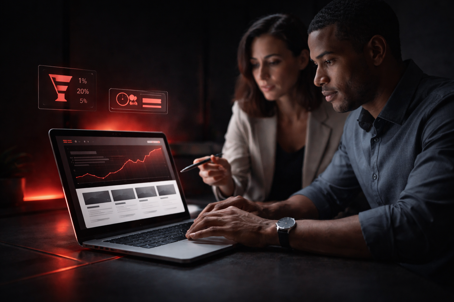 Two people analyzing data on a laptop with glowing red accents.