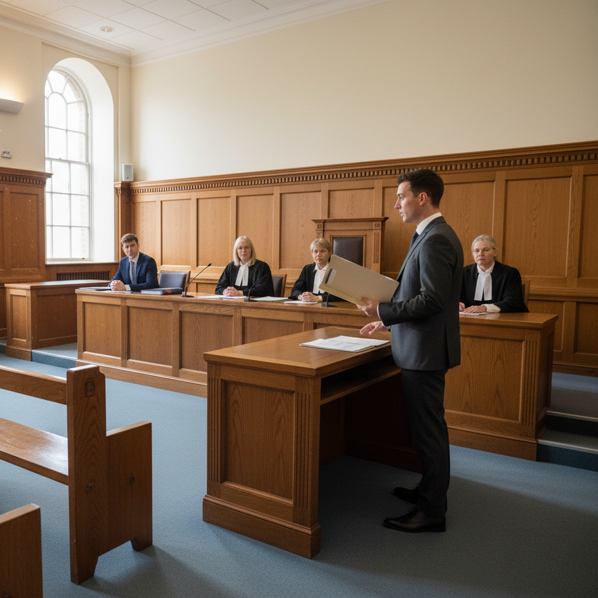 Attorney speaking in a wood-paneled courtroom before seated judges
