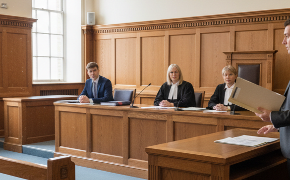Courtroom panel seated at a wooden bench, reviewing documents during a hearing