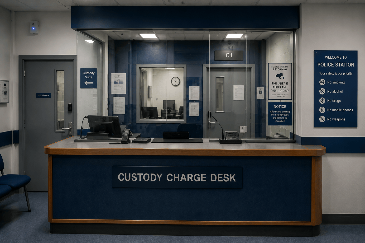 Empty custody charge desk with blue counter, glass windows, and posted signs in a police station-like room