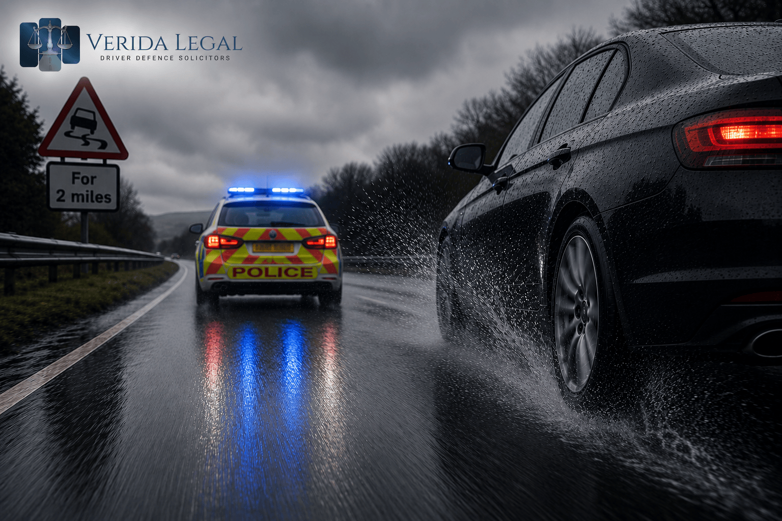 Police car with flashing lights driving on a wet road beside a black car in rainy weather