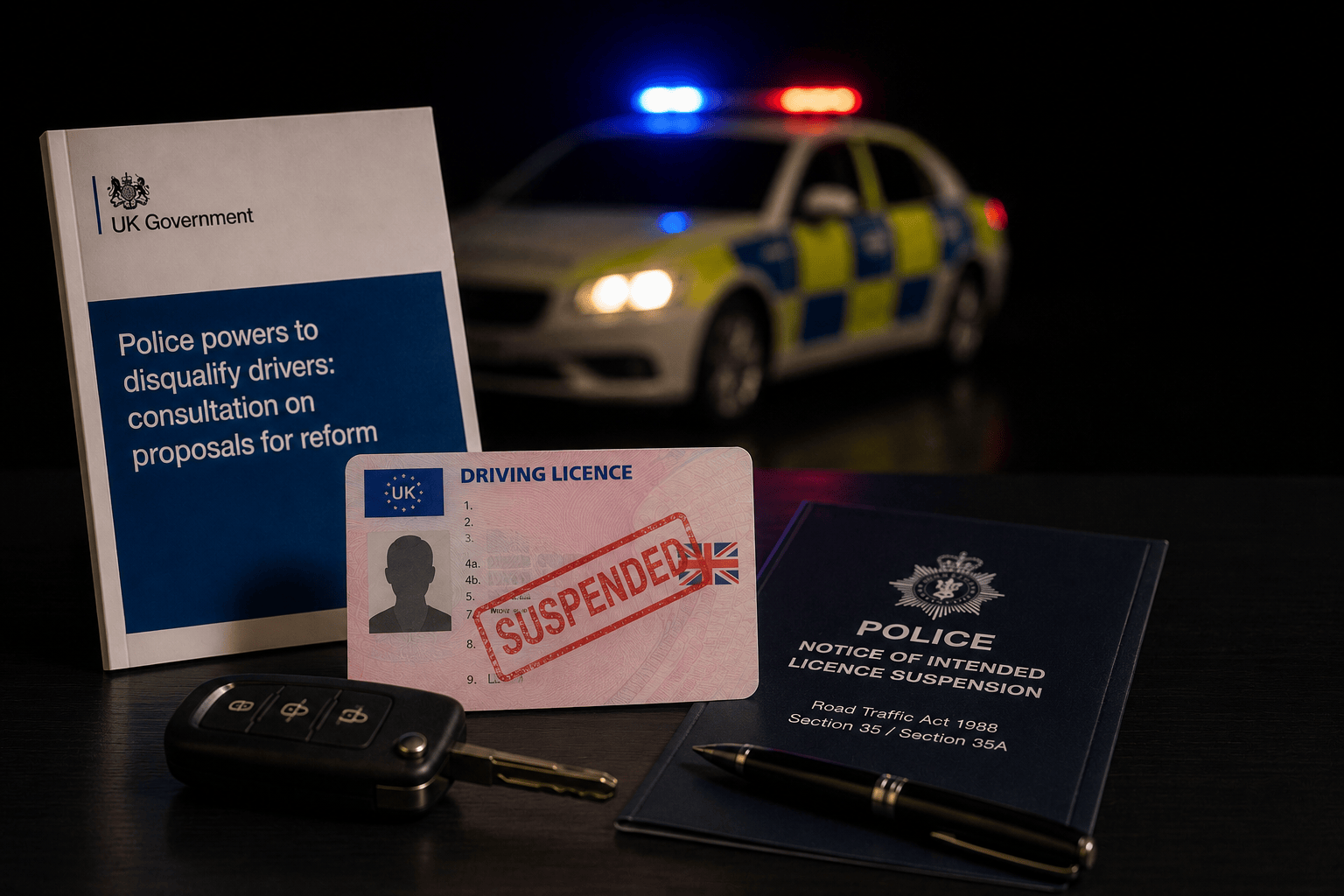 Police car with flashing lights behind documents, IDs, and a set of keys on a dark surface.
