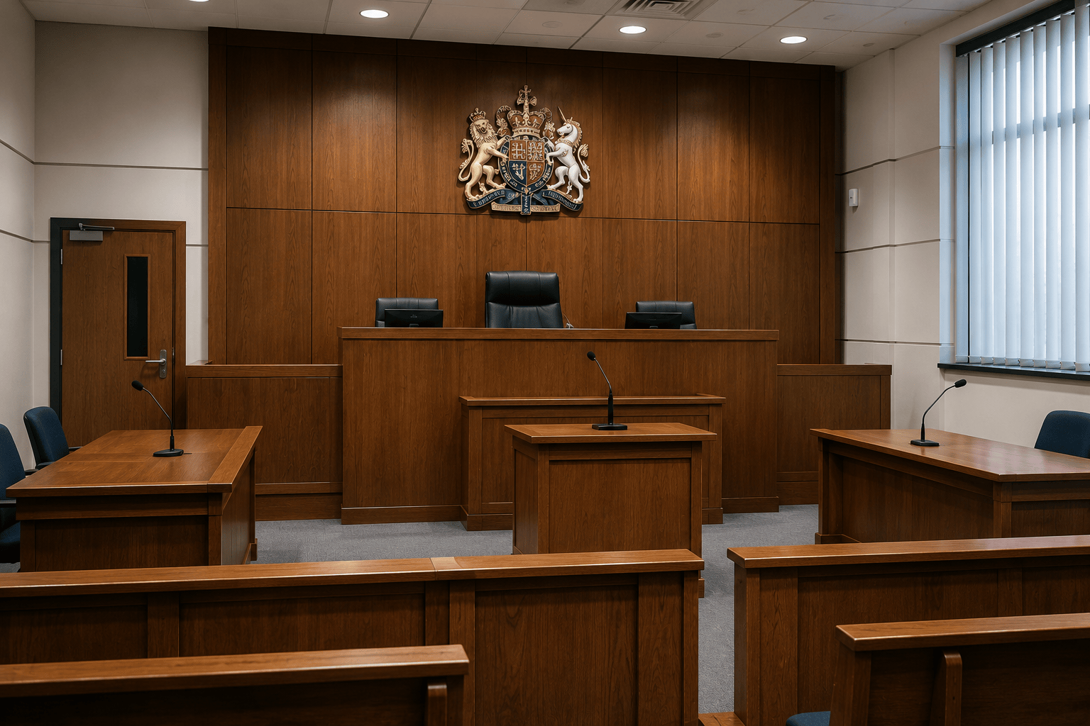 Empty courtroom with wooden benches, judge’s bench, and a wall crest behind the dais