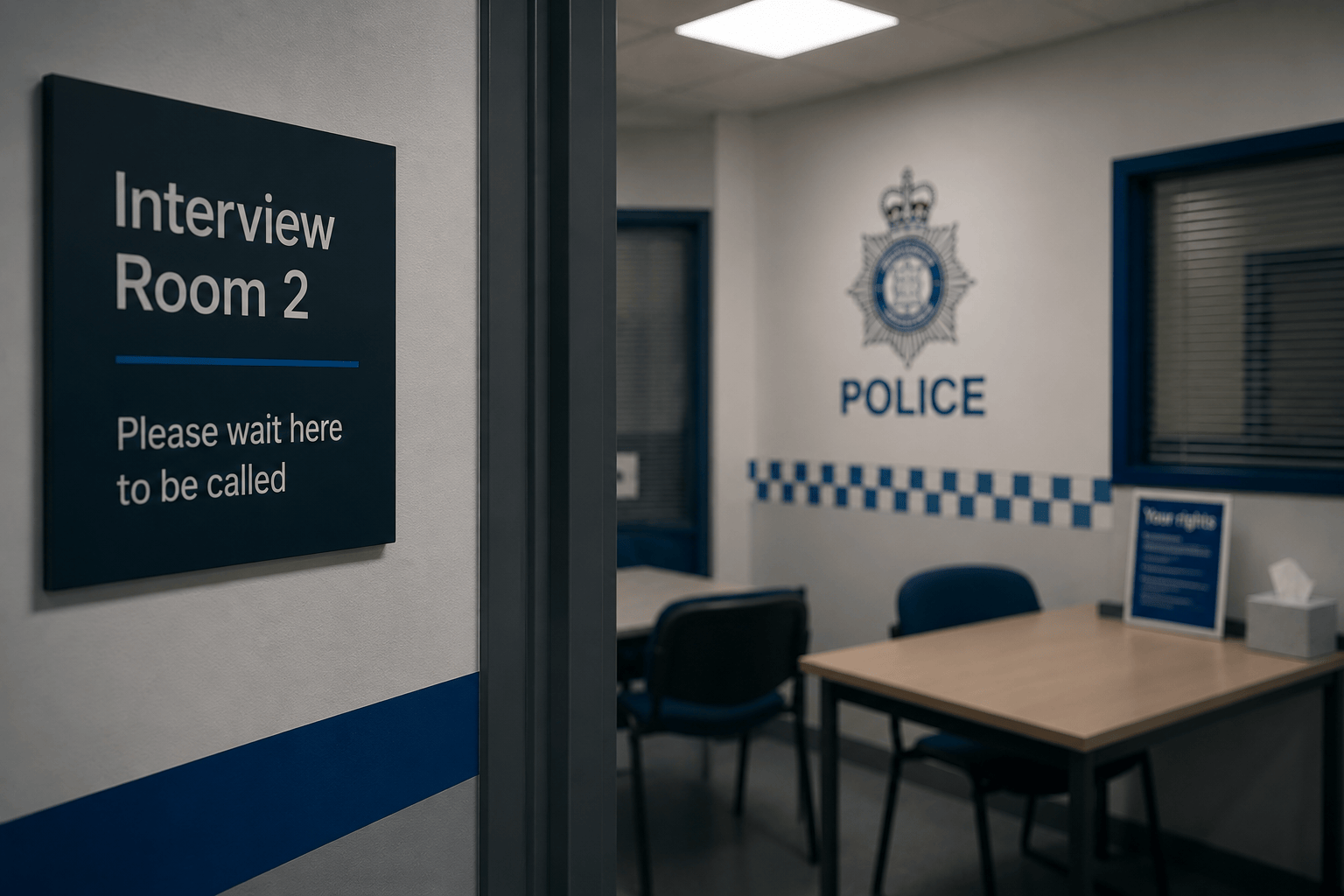 Police interview room with desk, chairs, and sign reading “Interview Room 2”