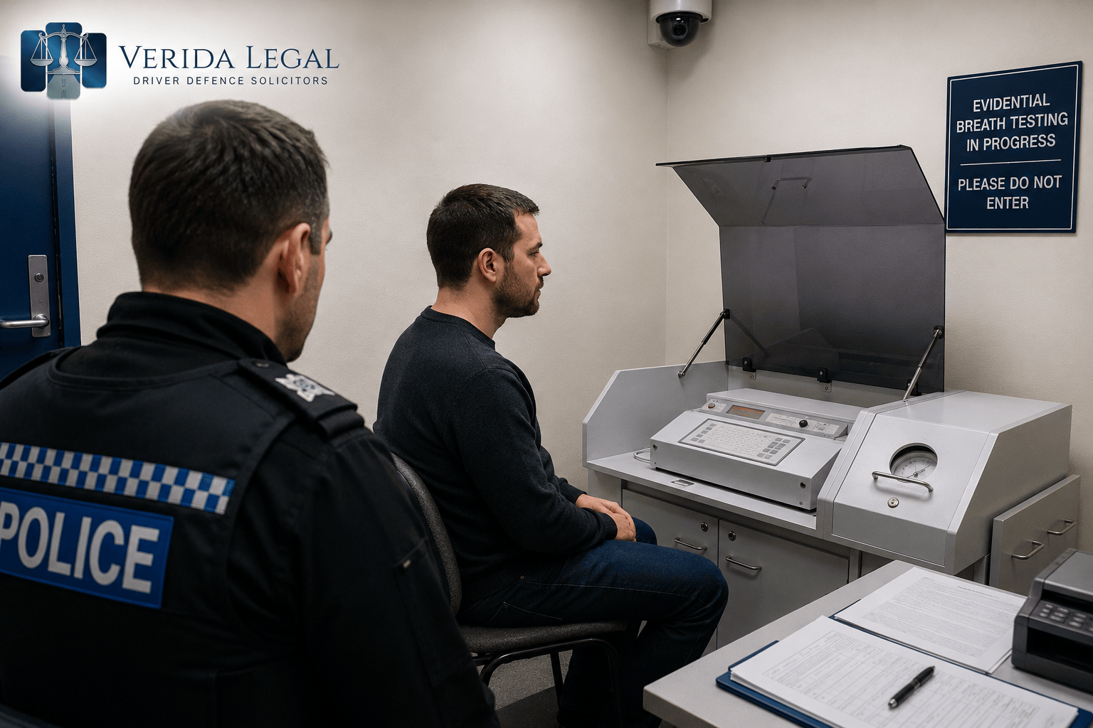 Empty custody charge desk with blue counter, glass windows, and posted signs in a police station-like room