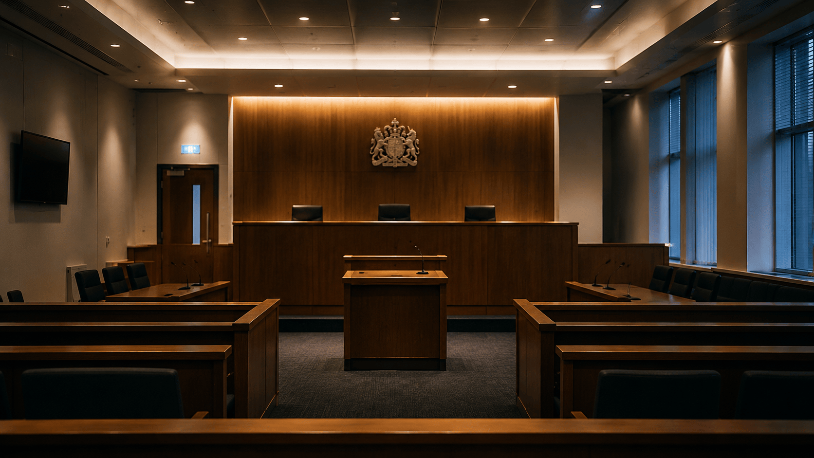 Empty courtroom with wooden benches, judge’s bench, and a gold emblem on the back wall.