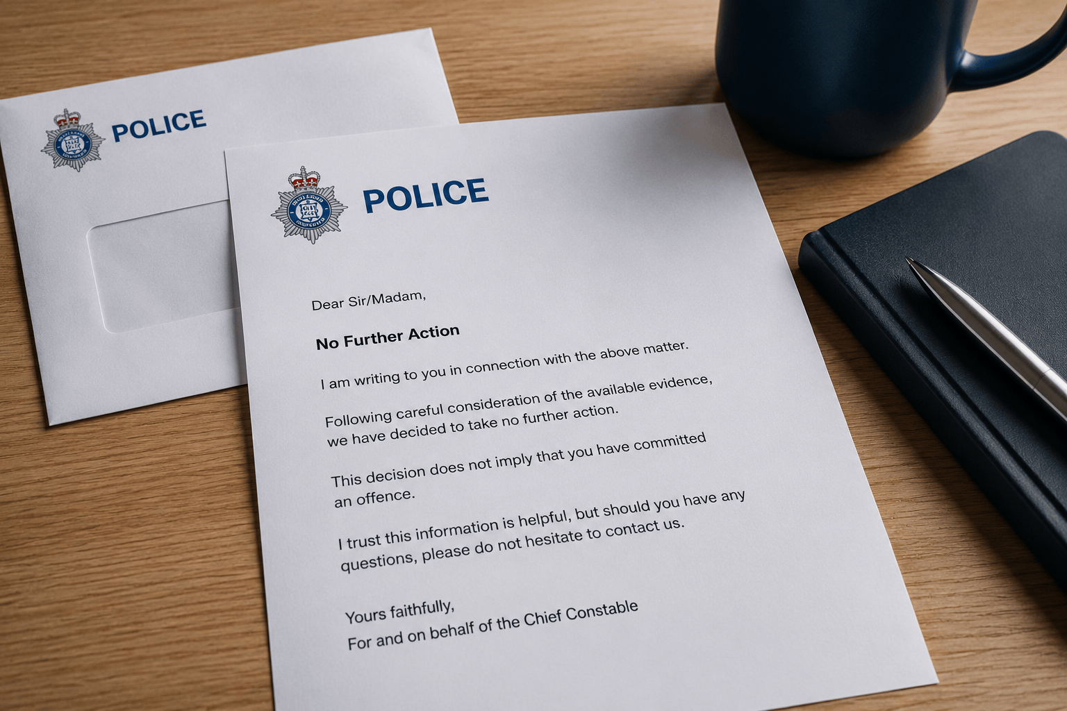 Police documents on a wooden desk beside a mug and pen holder.