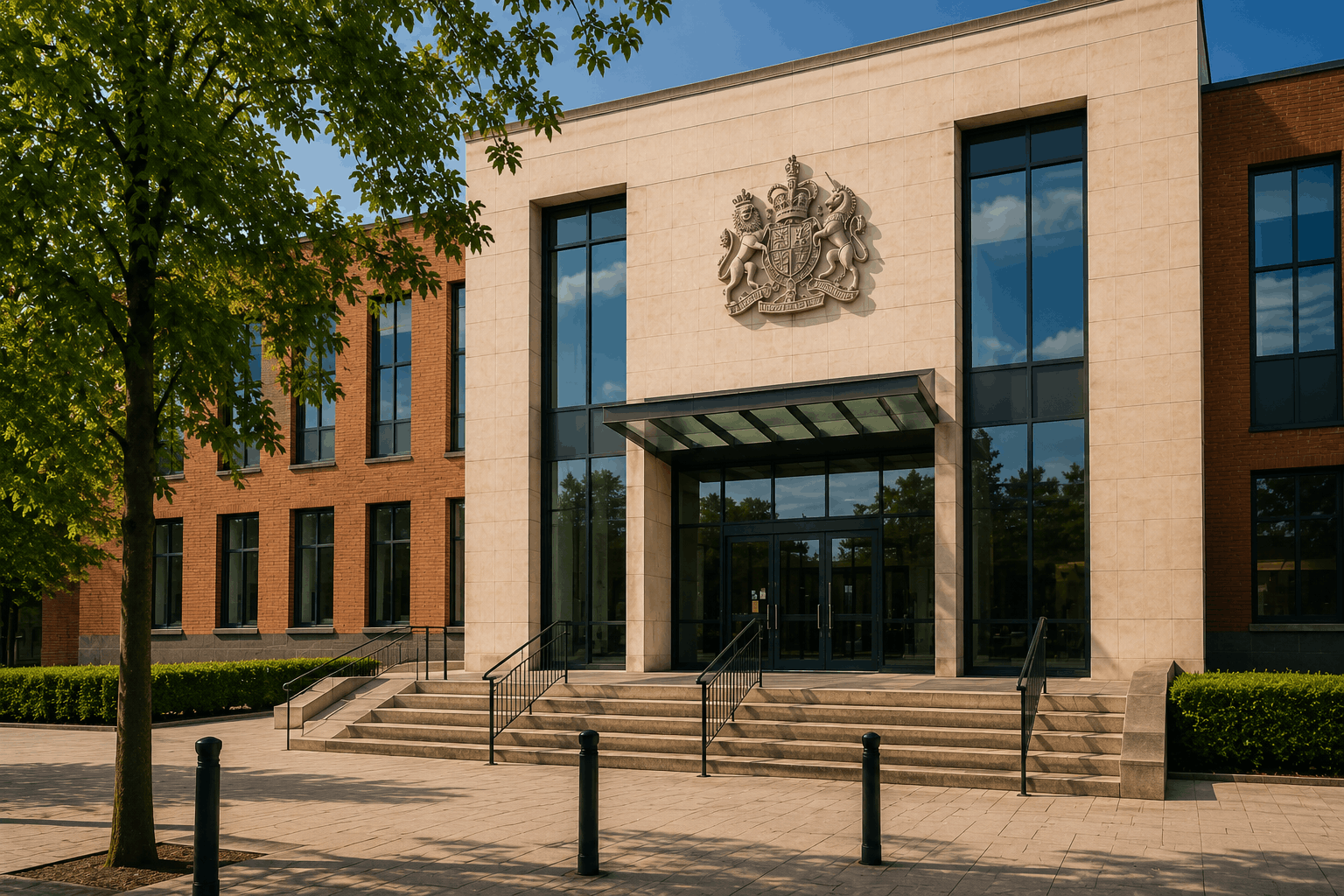 Modern building entrance with glass doors, stone steps, and a crest above the doorway