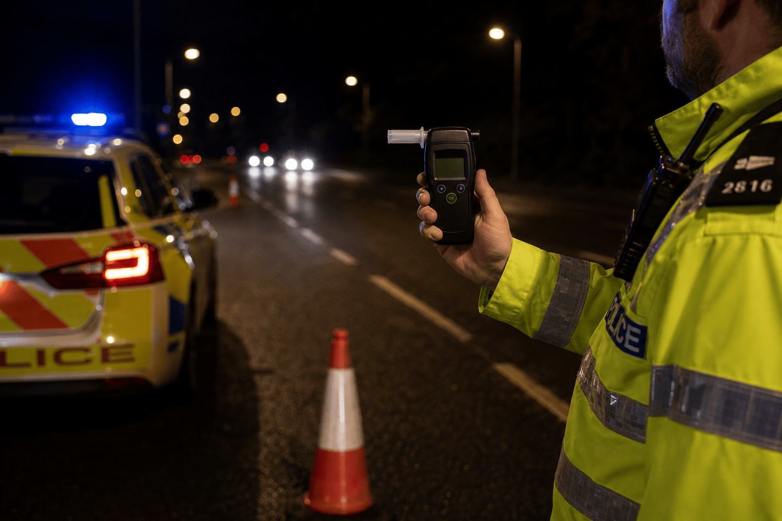 Police officer using a breathalyzer at a nighttime roadside checkpoint beside a patrol car and traffic cone