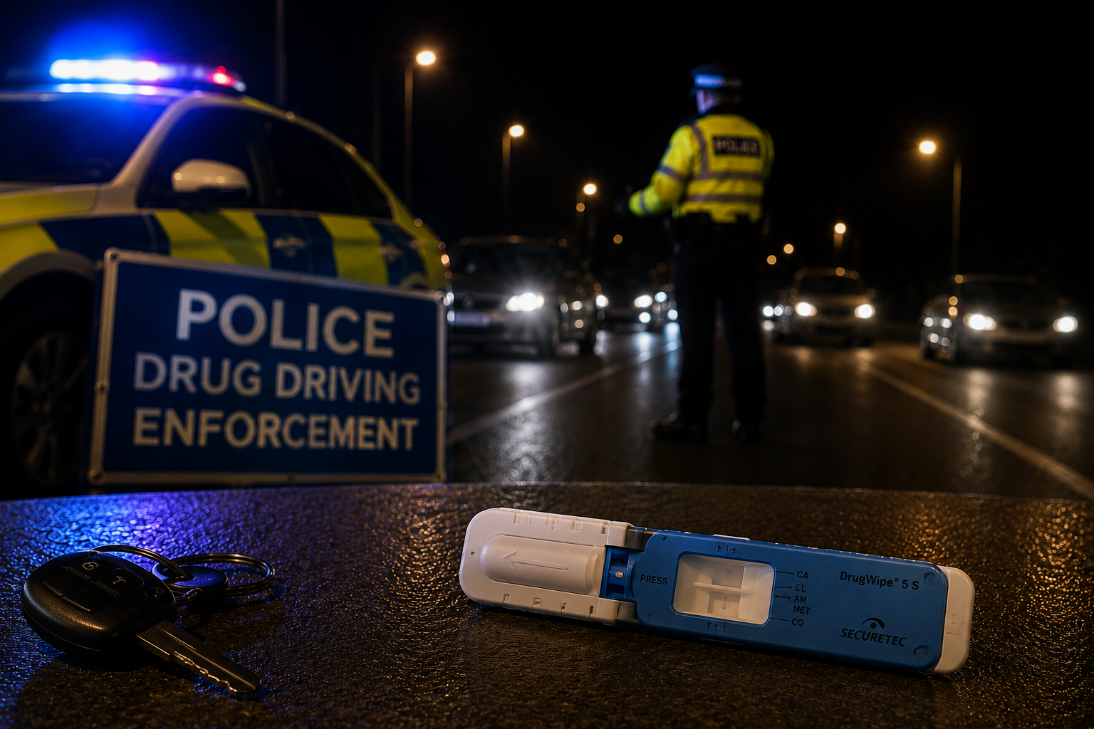 Police drug driving enforcement scene with officers, flashing lights, and a used breathalyzer on wet pavement