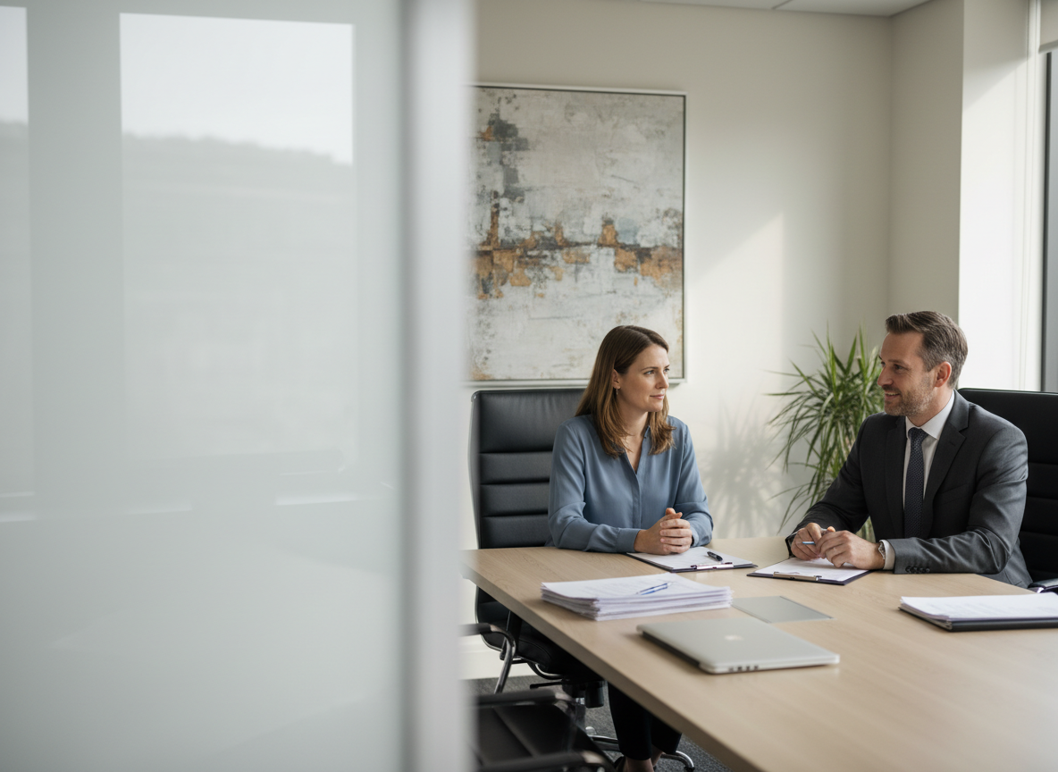 Two people in business attire discuss documents at a conference table in a modern office.