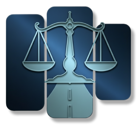 A blue graphic of a scale of justice positioned above a road, set against three overlapping vertical rectangles.