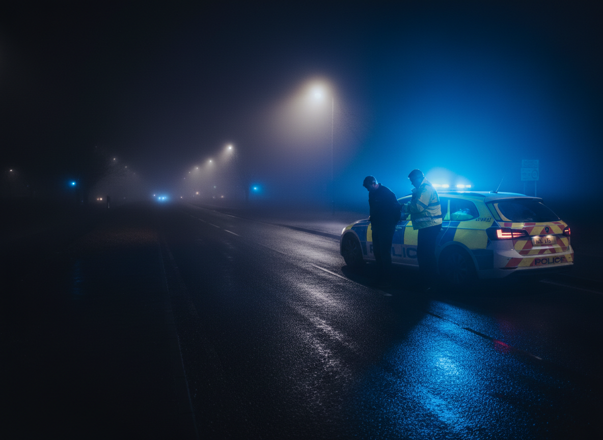 Police car with flashing blue lights on a foggy wet road at night