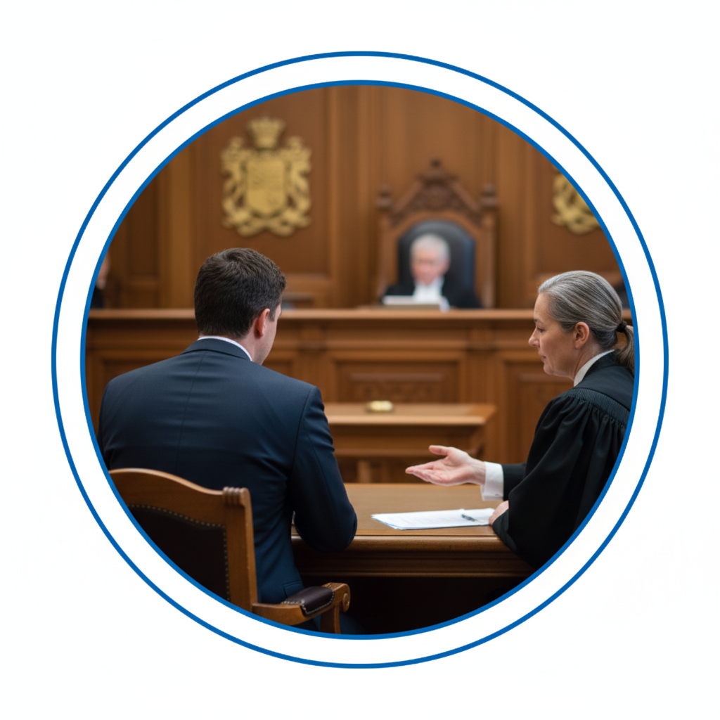 A person in a suit sits at a desk across from someone in a judicial robe in a courtroom, with a judge visible in the back.