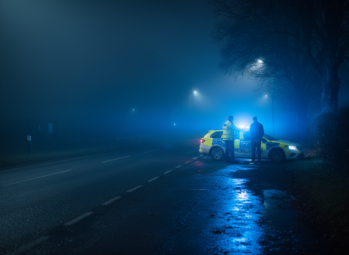 Police car with flashing blue lights on a foggy road at night