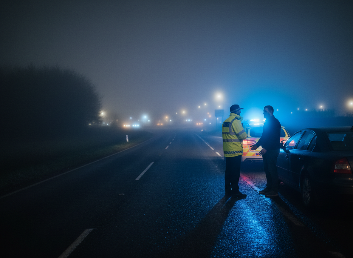 Police officer and driver beside a car on a foggy highway at night, blue lights flashing.