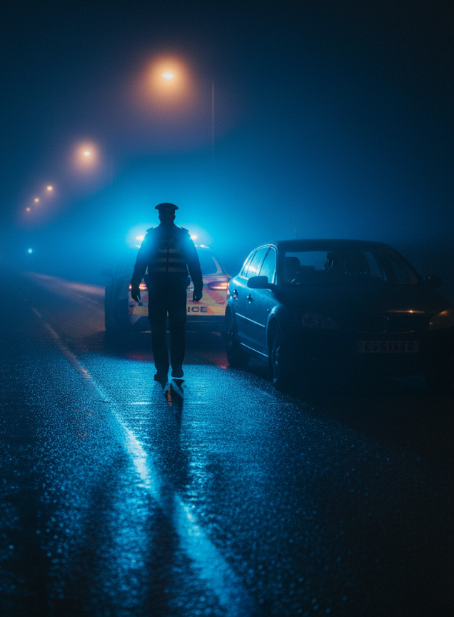 Police officer walking on a wet, foggy road beside a car with blue emergency lights at night