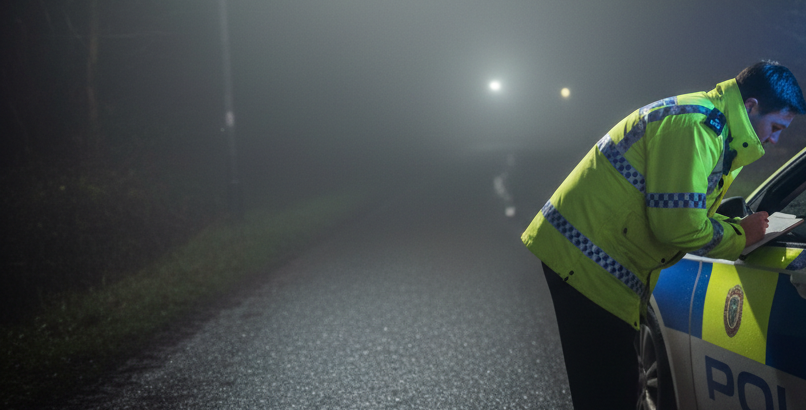 Police officer in reflective jacket leaning by patrol car on a foggy road at night