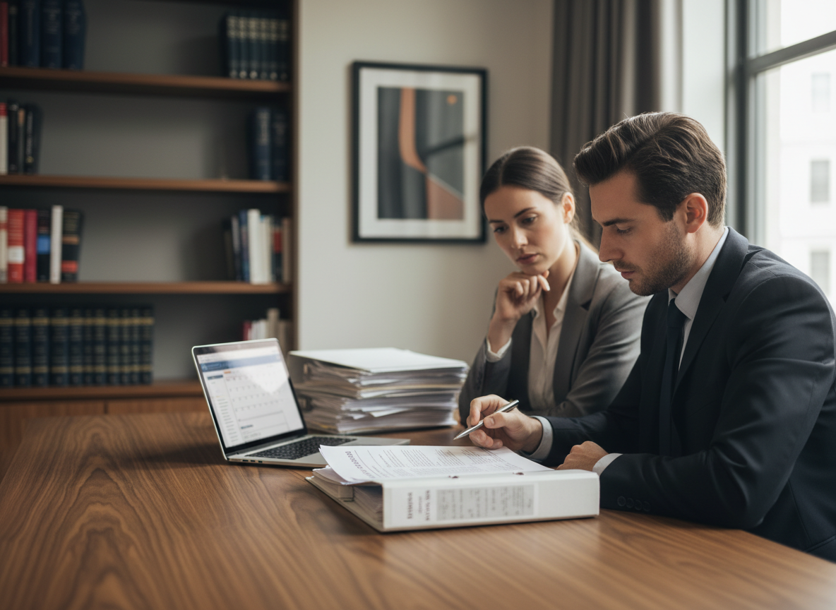 Two professionals in suits reviewing documents at a wooden desk with a laptop in a modern office.