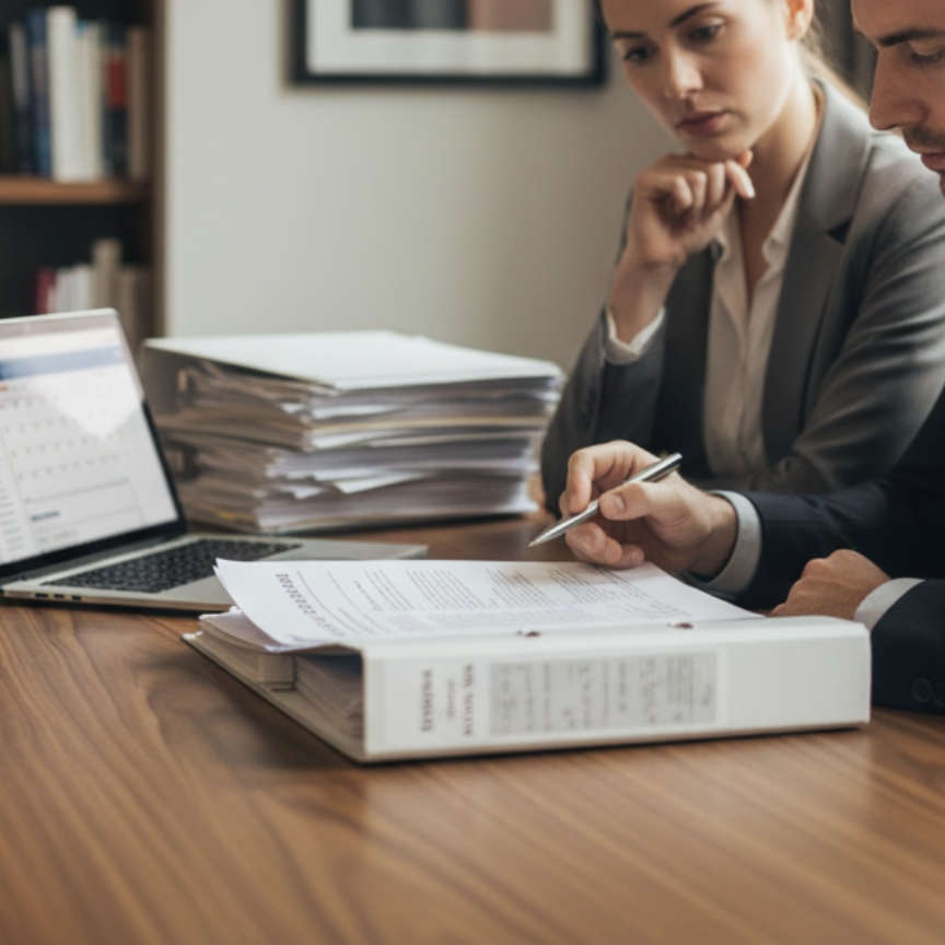 Two people reviewing documents at a desk beside a laptop and stacked papers