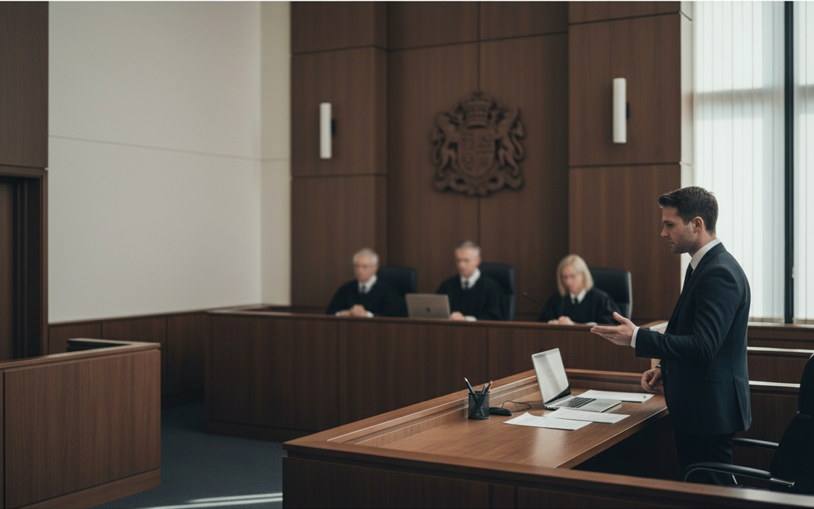 Courtroom scene with a lawyer speaking at a podium before judges in a wood-paneled chamber