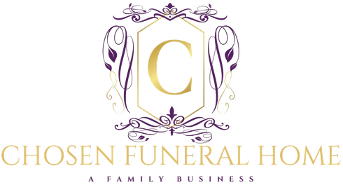 A logo for Chosen Funeral Home, featuring a gold letter "C" in a purple and gold decorative frame with the business name.