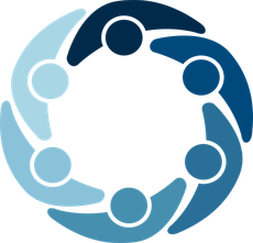 Abstract blue circular logo with six connected dots forming a rotating ring
