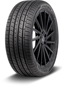 Black car tire with tread on a black multi-spoke rim against a white background